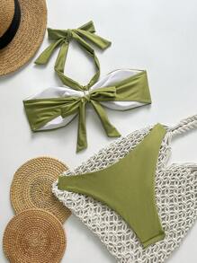 SHEIN Swim 女士休闲金属色纯色露背前扣泳衣套装，适合海滩和度假 - 綠色 - 查看 6