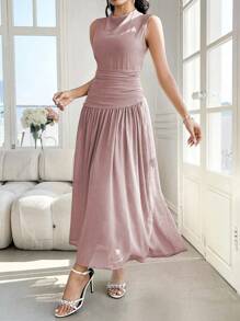 Modelyn 女士设计感无袖立领褶皱连衣裙 - 粉色 - 查看 6