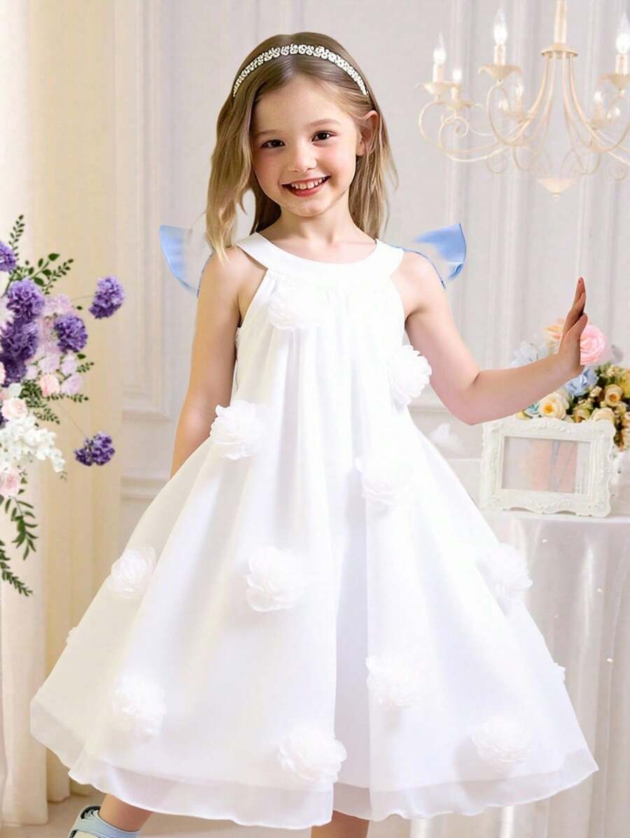 Young Girls Solid Color 3D Floral Decor Dress White Girls White Dress White Tulle Dress Junior Bridesmaid Dress - Beige - View 1