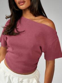MISSGUIDED Off Shoulder Ribbed Short Sleeve Top Lightweight Casual Dropped Shoulder Summer Spring Fashion Basic T Shirt - Burgundy - View 6