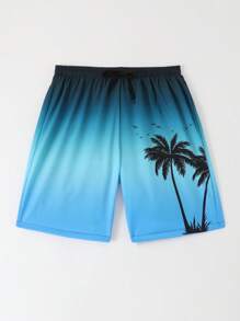 Traje de baño de 2 en 1 para adolescentes varones con estampado degradado de árboles de coco y cordón en la cintura, para verano