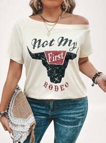 SHEIN LUNE Talla grande Camiseta con estampado de vaca y letra de manga raglán