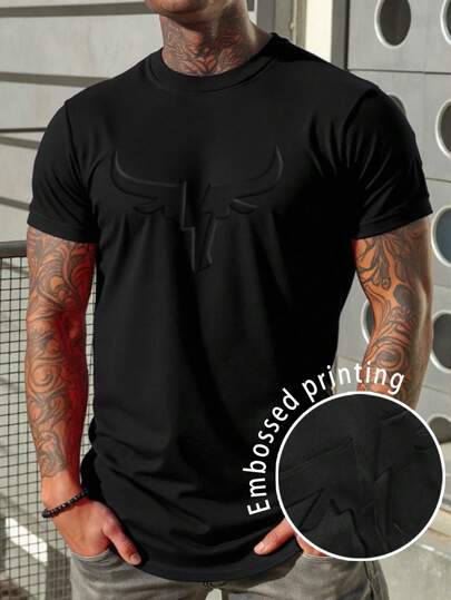 Manfinity LEGND Men's Crew Neck Short Sleeve Embossed Casual T-Shirt, Summer T Shirt For Man Simple Men Clothes Men T Shirts Tshirt For Man