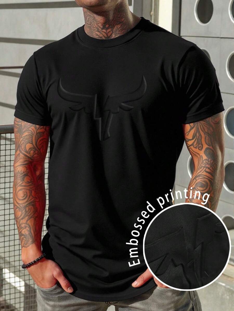 Lornexis Camiseta casual de cuello redondo de manga corta con relieve para hombre, verano - Negro - Ver 1