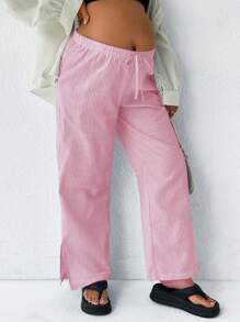 SHEIN 孕妇条纹印花抽绳腰口袋开衩休闲裤