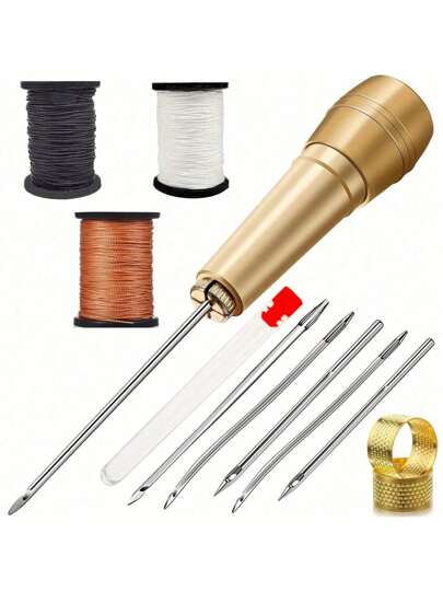 Leather Sewing Kit With DIY Copper Handle Awl, Suitable For Leather, Canvas, Tent And Shoes Repair (Needle And Case Color Random)
