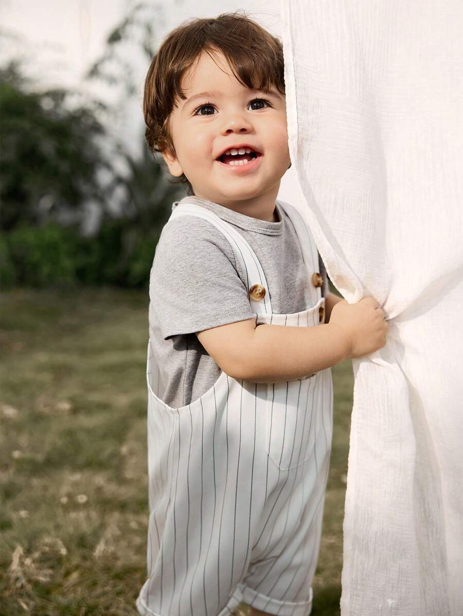 Cozy Pixies 2pcs/Set Baby Boy Anchor Print Soft Knit Short Sleeve Pullover Top And Bib Shorts Set - Grey - View 1