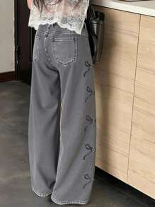 Fashionable Casual Versatile Denimly Embroidered Bow Decor Teenager/Youth Denim Jeans, Elastic Waistband, Zipper Fly, Washed - Grey - View 3