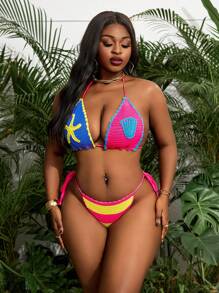 SHEIN Swim Curve 大码针织泳衣罩衫和三角泳裤 - 彩色 - 查看 4
