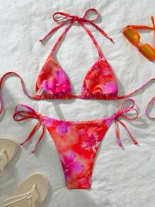 Swim Vcay 1 Set Women's Sexy Random Print Tie-Up Halterneck Bikini, Summer