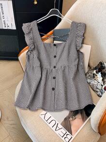 GlowEve CURVE Plus Size Women's Summer Button Decor Cap Sleeve Plaid Blouse