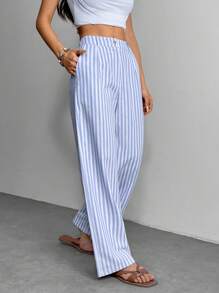 SHEIN PETITE Pantaloni dritti a gamba dritta con motivo a strisce H, di moda per l'estate, adatti alle donne