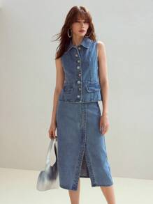 MOTF STUDIO BUTTON UP PEPLUM DENIM TOP - Light Wash - View 5