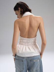 LYSMO White Summer Seksi Chic Club Night Women's Halter Neck Backless Gathered Waist Slim-Fit A-Line Tie-Front Shirt,Siren Chic Office Casual Workwear Top - White - View 2