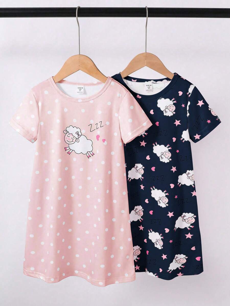 Genkimix Kids Back To School Fashion2pcs/Set Girls Cute Cartoon Sheep Print Nightgown, Minimalist Fashion Pink & Gray, Short Sleeve Long Nightdress Home Wear Clothes For Girls 11 Night Dress For Kids - Multicolor - View 1