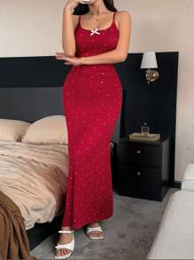 DAZY 女士收腰波尔卡圆点印花蝴蝶结饰边睡裙，返校服睡衣 - 紅色 - 查看 4