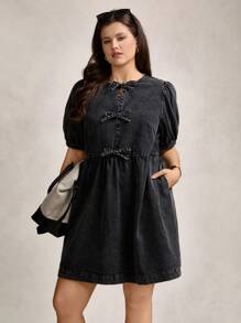 Zelara 大码领口蝴蝶结口袋洗水连衣裙