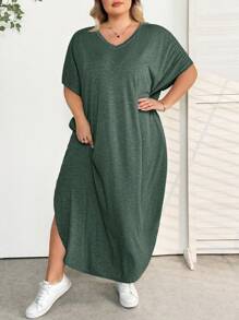 SHEIN CURVE+ Plus Size Women's Solid V-Neck Bat Sleeve Pocket Casual T-Shirt Dress, Summersummer/Country/Beach Vacation Outfits/Beach Outfits/Beach Wear,Summer Dresses For Women,Maxi Dress - Dark Green - View 5