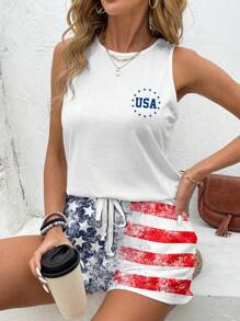 EMERY ROSE 2 Stück/Set Damen Große Größen 4. Juli USA Flagge Muster Sommer Set - Blau-Weiß - Übersicht 6