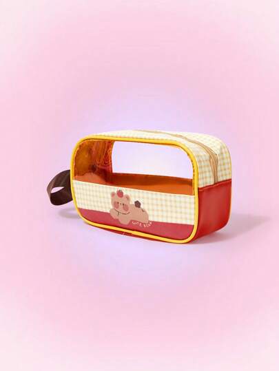 Kawaii Cute Bear Plaid Sheer Pouch Accessory Organizer Bag