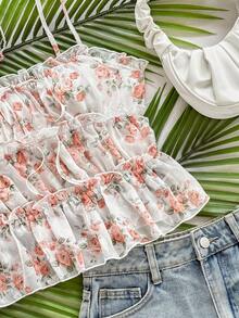 Soleia Romantic Floral Mesh Camisole Top For Vacation Floral Tank Top Floral Cami Top Smocked Floral Top Ruffle Floral Top Summer Floral Top Summer Top Smocked Top Ruffle Top Floral Ruffle Top Back To School, Back To School Season, Graduation Season Ruffle Cami Top Blouse Summer Summer Women Tops Summer Tops Summer Tops Women Strapless Top Summer Blouse Valentine's Day Outfit Ideas Smocked Cami Top - Multicolor - View 3