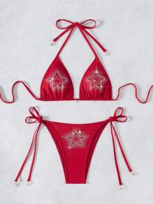 SHEIN Swim 女士水钻装饰露背比基尼套装，适合海滩度假 - 紅色 - 查看 5