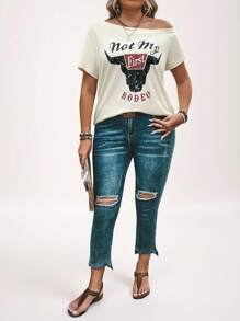 SHEIN LUNE Talla grande Camiseta con estampado de vaca y letra de manga raglán