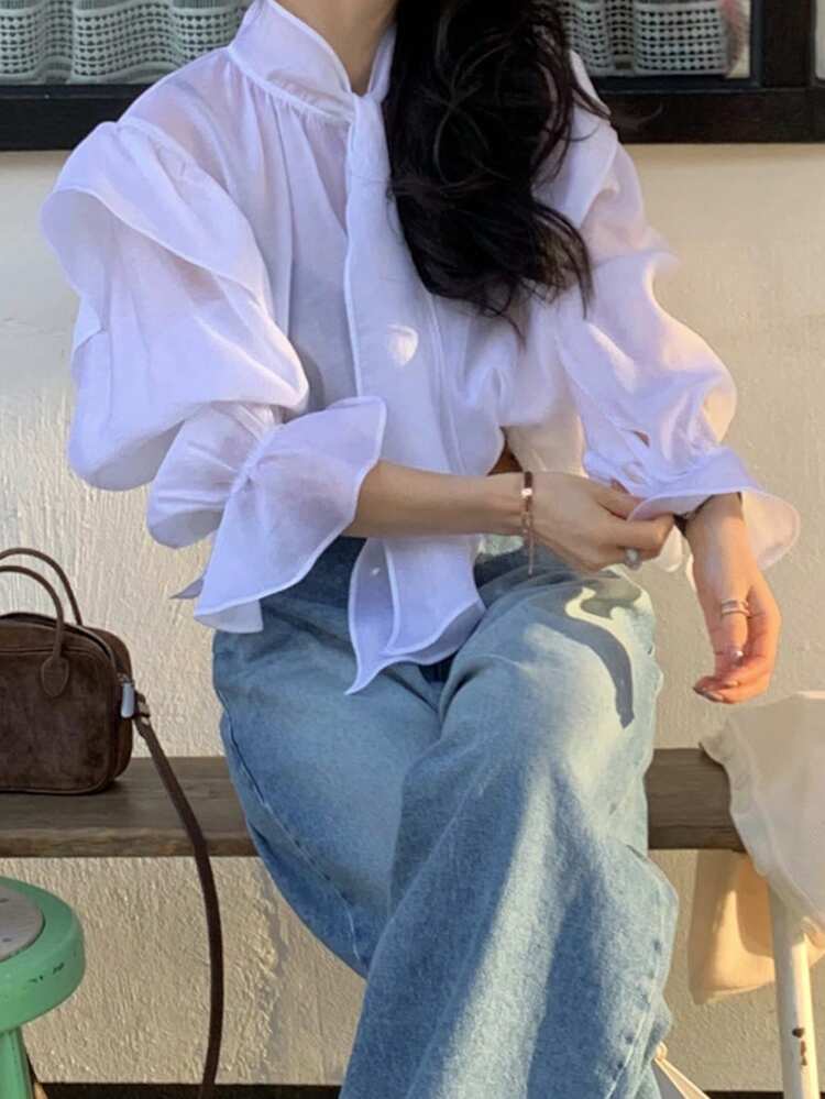 Stand Collar Bowknot Sheer Ruffle Lantern Sleeve Tie Waist Long Sleeve Blouse For Women,Fall Women Clothes Vacation