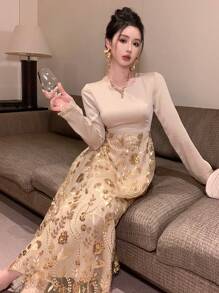 DAZY 女士长袖材质混合刺绣和亮片装饰宽松 A 字长裙，度假风格，生日派对，婚礼宾客，秋季连衣裙 - 杏色 - 查看 2