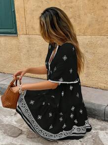 SHEIN Frenchy Women's Summer Graphic Print Twist Neck Loose Casual Short Dress Black Beach - Black - View 7