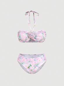 SHEIN MOD Women's Tie Dye Floral Swimsuit Set For Beach Holiday