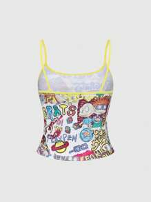 Nick 90's X ROMWE 黄色卡通人物图案吊带背心，女式拼色白色和黄色上衣 - 白色 - 查看 10