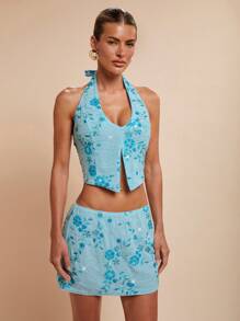 COSMINA 女士优雅度假派对亮片迷你裙，春夏女装 - 藍色 - 查看 5