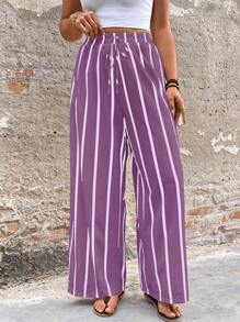 Flirla 大码时尚休闲纹理黑白条纹直筒裤，百搭度假装 - 紫色 - 查看 5