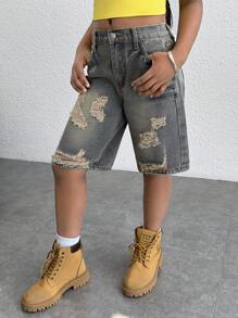 Tween Girls Y2K 复古水洗破洞休闲宽松牛仔裤长短裤，适合春夏海滩度假节日服装、美国独立日服装、毕业派对牛仔短裤、返校街头服装 - 中等水洗藍 - 查看 4