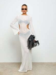 AiiRZ Crochet Maxi Dress Beachwear Cover Up Bell Sleeve Open Back Summer Pool Resort Luxury Coverup White - Apricot - View 1