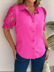 Xyvia Fashionable Casual Patchwork Ruffle Lantern Sleeve Design Women Blouse - Hot Pink - View 5