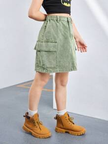 Tween Girls Fashion Washed Denim Casual Versatile Comfortable Daily Elastic Waist Teens Denim Cargo Mini Skirt - Army Green - View 5