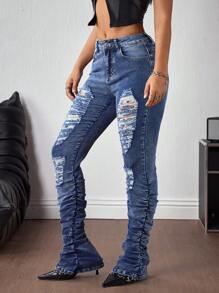 SHEIN Unity Women's Pocket Distressed Ripped Ruched Skinny Casual Versatile Jeans - Dark Wash - View 6