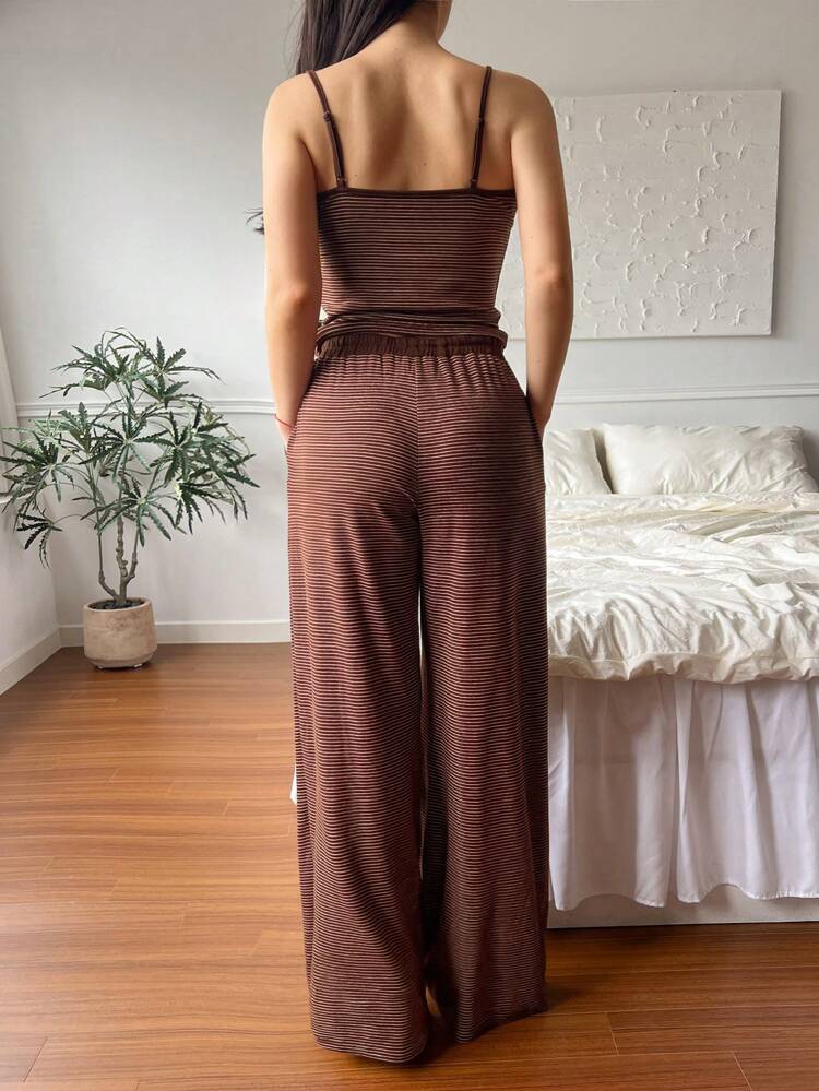 Striped Slim Fit Cami Top And Pajama Pants Loungewear Set