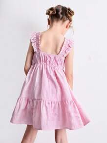 SHEIN 小女孩夏季条纹荷叶边下摆吊带连衣裙 - 彩色 - 查看 7