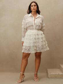 Anewsta Plus Size Heavy Beaded Ruffle Lace Solid Color High Waist A-Line Mini Skirt - Beige - View 7