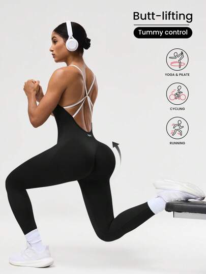 Seamluxe SHEIN Sport 女士无袖交叉性感修身瑜伽连体裤