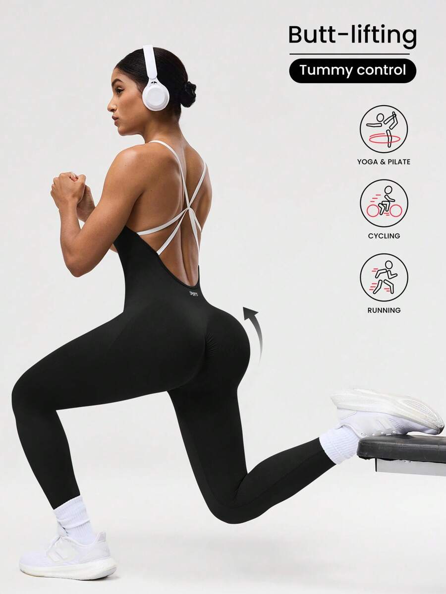 Seamluxe SHEIN Sport 女士无袖交叉性感修身瑜伽连体裤