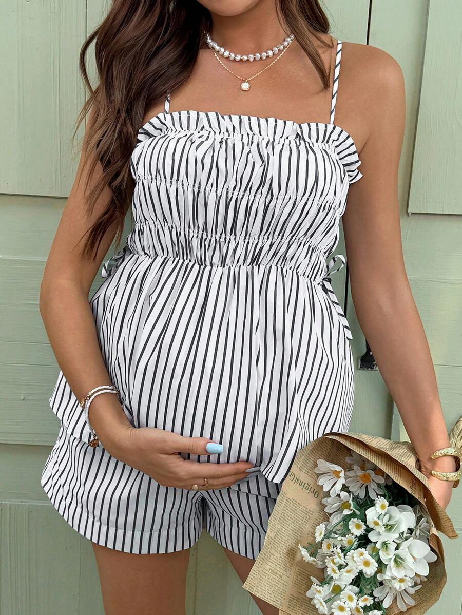 SHEIN Maternity Blue And White Striped Pleated Striped Spaghetti Strap Tank Top And Adjustable Waist Shorts Set, Summer Women's Summer Clothing Maternity Two Pieces Set, Casual Vacation