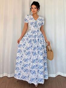 Elenzga Đầm dài tay bồng eo đàn hồi thanh lịch mùa hè cho nữ, Đầm maxi. Dành cho mùa xuân/hè, trang phục hòa nhạc cho nữ, thanh lịch phù hợp để đi làm hàng ngày, lễ hội âm nhạc, trang phục ngày lễ - Màu xanh lam - Xem 5