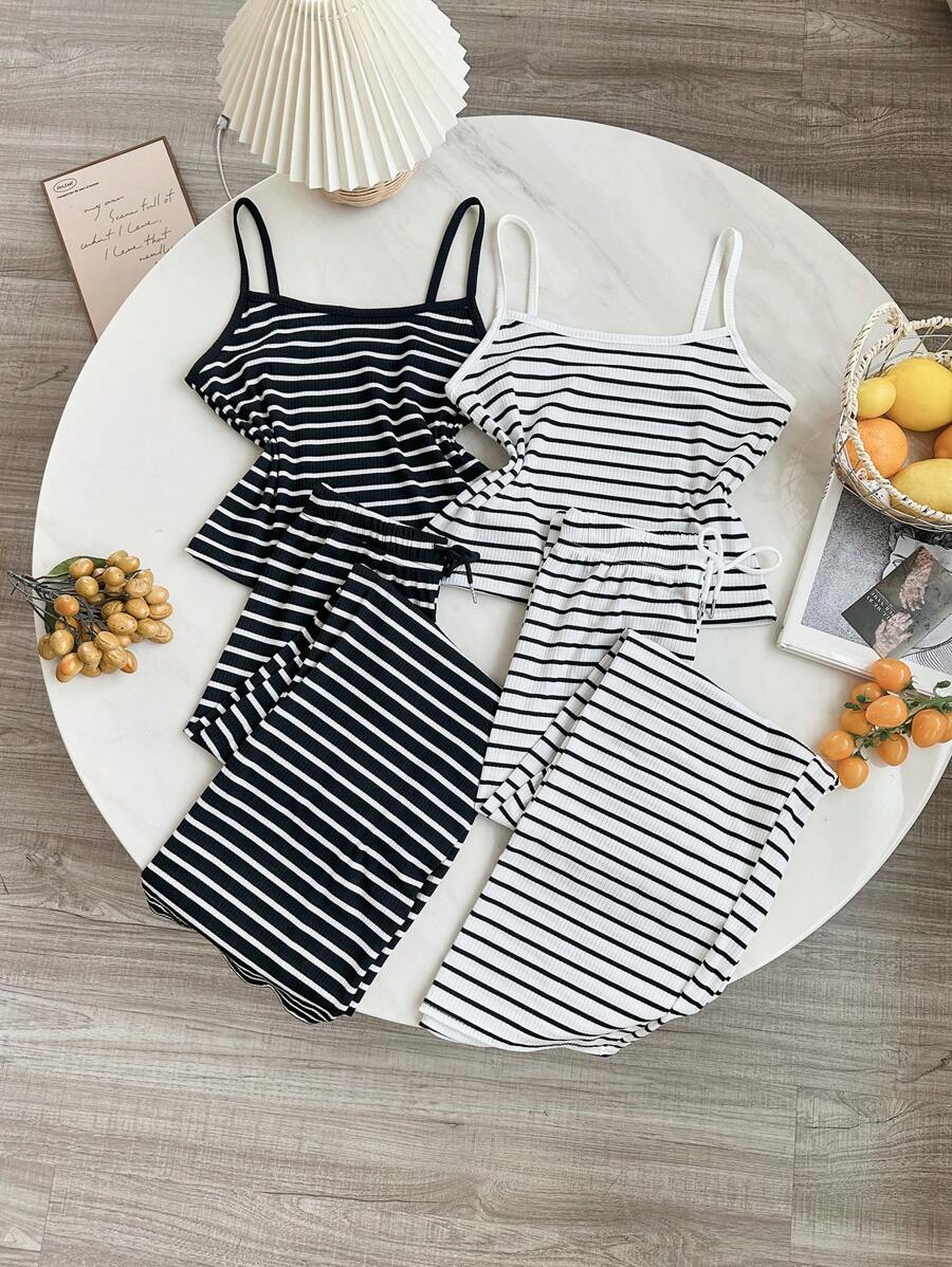 SHEIN 2 件套条纹修身吊带背心和长裤休闲家居服套装 - 彩色 - 查看 1