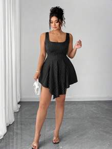 Elenzga Plus Size Women Black & White Striped Square Neck Patchwork Asymmetric Hem A-Line Dress, Romantic & Elegant, Suitable For Summer - Black - View 4