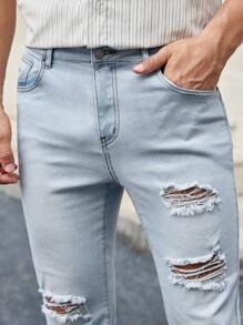 Manfinity VCAY Calça Jeans Skinny Rasgada Casual Masculina - Azul - Ver 3