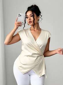 Elenzga Áo thun cổ chữ V xếp ly satin bóng thanh lịch cho nữ cỡ lớn, vừa vặn dự tiệc/làm việc - Vàng - Xem 1